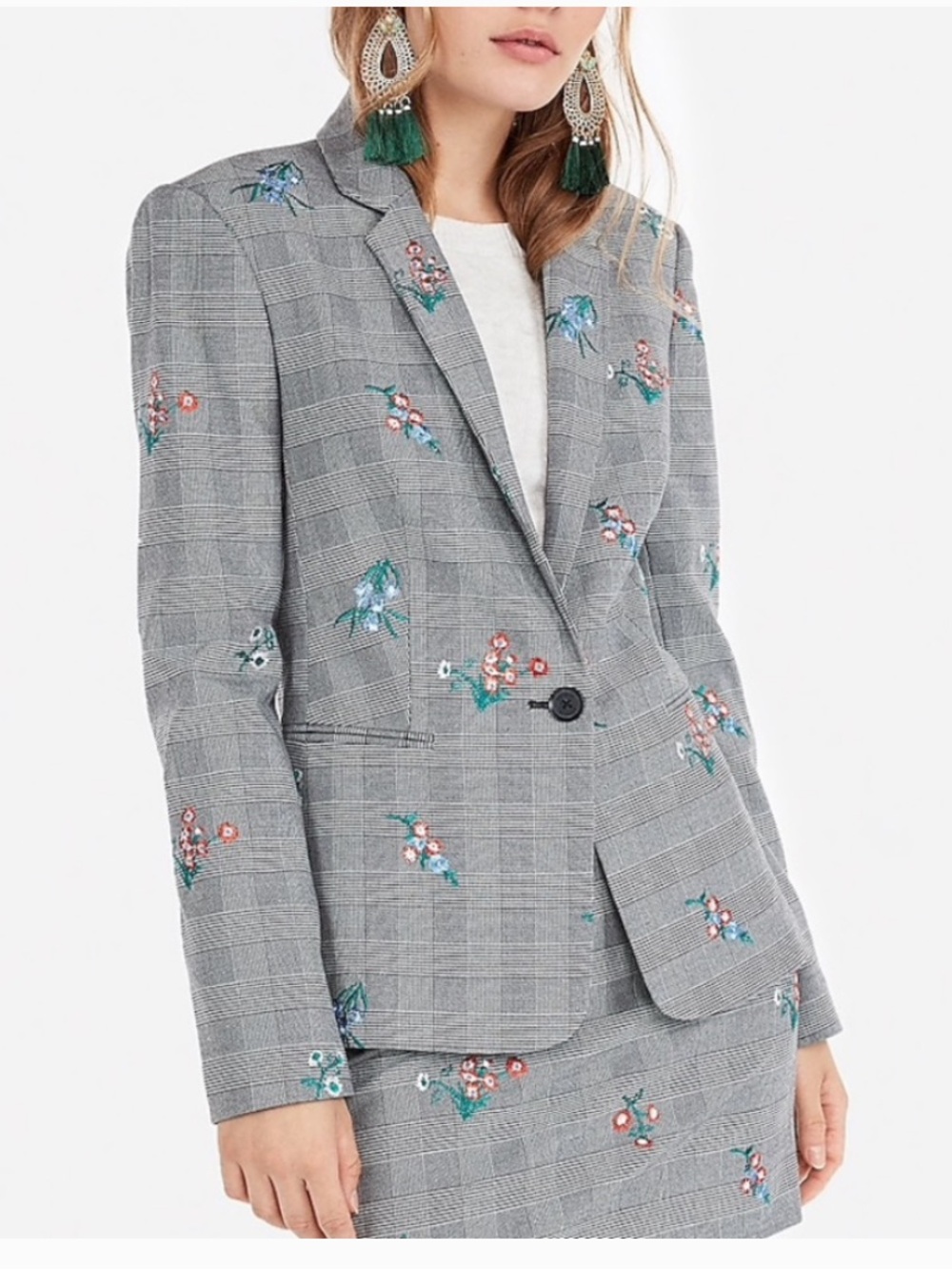 Express Glen plaid floral embroidered blazer single button preppy office  size 4